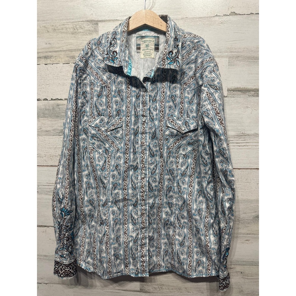 Panhandle Rough Stock Western Shirt Mens M Blue Paisley Embroidered Snap EUC